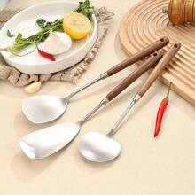 304 不锈钢 5 件套厨房用具套装，带胡桃木手柄 - 方形铲子、圆形铲子、蘑菇铲子、汤勺、滤网 - 銀色 - 查看 3