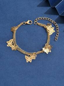 1 Pc Butterfly Double Layers Gold Color Anklet For Women Fashion Pendant Anklet Bohemian Adjustable Handmade Foot Jewelry Gift For Women - Yellow Gold - View 2