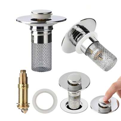 2 pezzi/Set Filtro per scarico del lavandino del bagno, cestello rimovibile in acciaio inossidabile, tappo per lavandino da bagno e cucina, filtro per scarico multifunzionale, filtro per scarico con apertura a scomparsa, accessori per il bagno, decorazione per la casa, decorazione autunnale, articoli per il ritorno a scuola