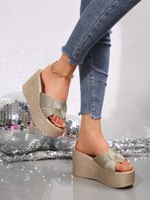 Damen Schlappen mit Schleife Verzierung und Keilsohle, leichte Offene Zehen Lässig Strandschuhe für Outdoor-Aktivitäten