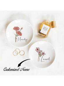 Personalised Birth Flower Trinket Dish, Watercolor Flower Ring Dish, Birthday Jewelry Dish Gift For Friend, Wedding Bridesmaid Gift, Personalized Jewelry Boxes, Personalized Ring Plates