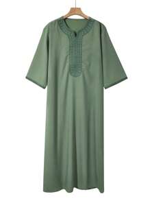 Men's Moroccan Style Short Sleeve Embroidered Robe With Side Pockets, Islamic Men's Casual Loungewear Robe, Ramadan Robe For Men - Olive Green - View 2