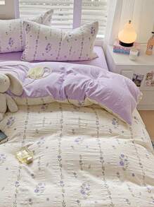 4pcs Bedding Set, Soft Lavender Print Duvet Cover, Suitable For Double Bed Or Single Dorm, Daily Use Beddings Include 1 Duvet Cover, 1 Flat Sheet, 2 Pillowcases (Filler Not Included)