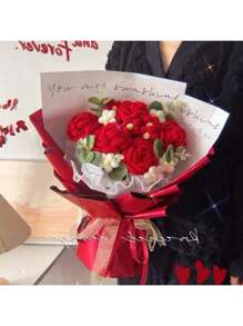 1pc Eternal Knit Flower Bouquet, Crocheted Rose, Dried Flower, Healing Style Preserved Flower, Mother's Day Birthday Gift Gifts Graduation Home Decor Christmas Decorations Room Decor Christmas