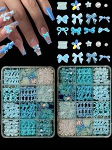 1盒随机混合蓝色ABS蝴蝶结、花朵、珍珠、闪亮贝壳片美甲装饰品，超仙女美甲饰品DIY美甲用品 - 彩色 - 查看 2