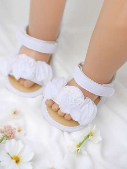 女婴公主鞋，平底鞋带，花朵图案，软底舒适公主鞋，户外鞋，白色，0-12个月