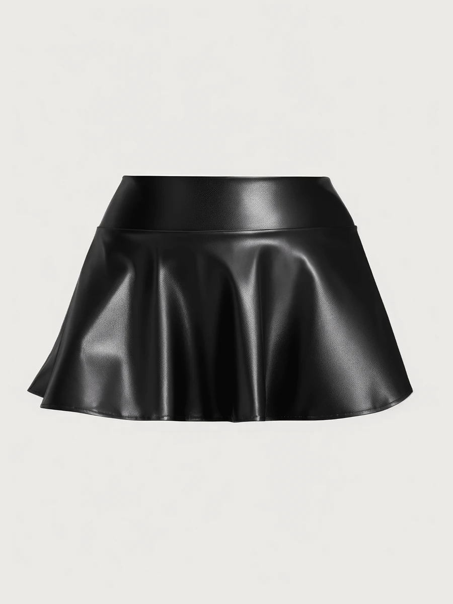 Minifalda de piel sintética negra de gran tamaño, falda plisada de piel sintética de color liso, falda informal de cintura alta con forro de pantalón corto para evitar la exposición. - Negro - Ver 1