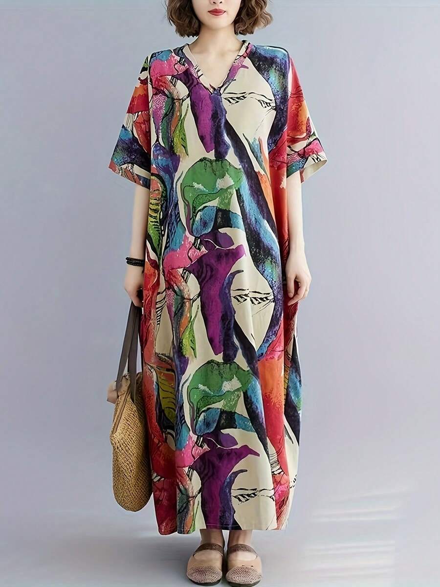 Plus Size Printed Pocket V-Neck Dress, Minimalist & Fashionable, Suitable For Summer Vacation Elegant - Mixed Colors - View 1