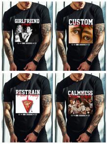 Customized Men Graphic T-Shirt, Input Your Text/Blessing/Fun Message/Greeting, Upload Your Photo/Couple Photo/Best Friend/Pet/Landscape, Customize Black Tee Shirt For Spring/Summer, Valentine's Day, Holiday Gift, Anniversary Gift, Company Team Uniform, Music Festival, Gift For Him, Men Round Neck Short Sleeve T-Shirt Top, Party Attire, Men Black Short Sleeve, Summer Men Top