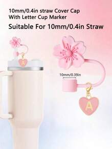 A2pcs/1set Heart & Letter Pomegranate Flower Straw Topper, Pink Cup Letter Marker, And Reusable Silicone Flower Straw Cover Caps For 10mm Diameter Straw, Cute Letter & Flower Decorations For Modern Minimalist Glass Cups, Cup Accessories, Holiday Party Gifts, Mother's Day Gift - Pink - View 7
