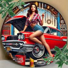 Vintage Car Girl Logo - Decorative Metal Wall Art, Size 7.8 X 7.8 Inches, Suitable For Home, Garden, Bar, Cafe, Office, Garage, Man Cave - Universal Retro Wall Decor, No Power Required, Random Hole Style Gifts Birthday Graduation - Multicolor - View 1