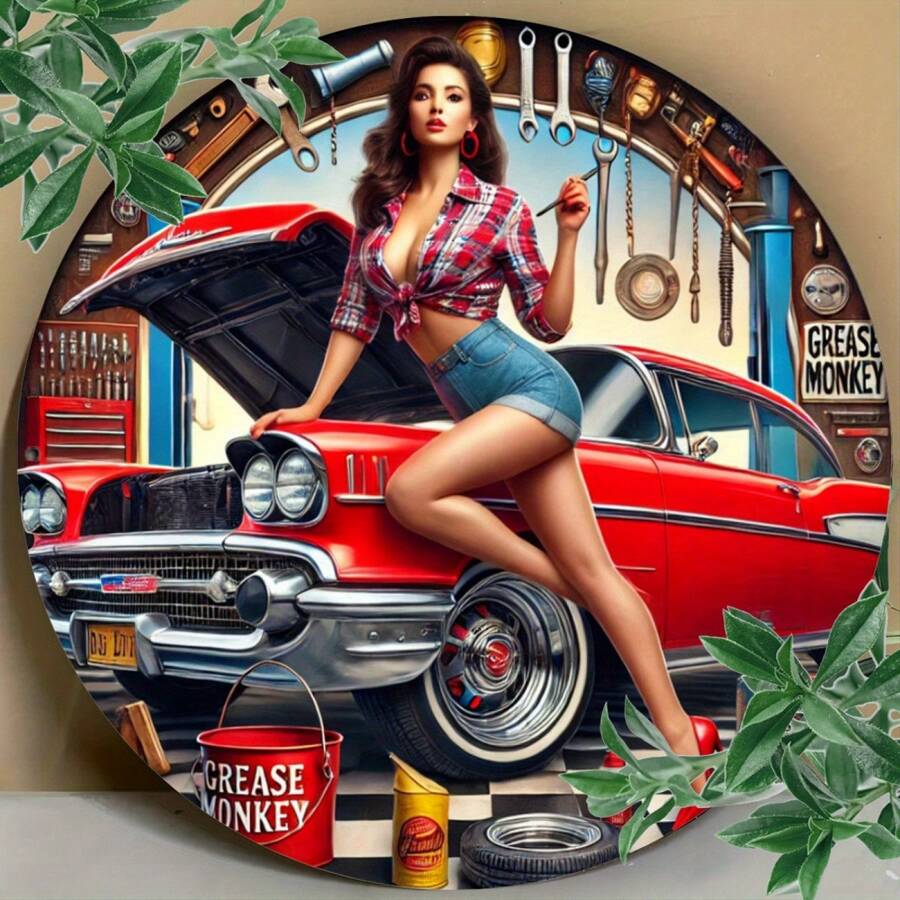 Vintage Car Girl Logo - Decorative Metal Wall Art, Size 7.8 X 7.8 Inches, Suitable For Home, Garden, Bar, Cafe, Office, Garage, Man Cave - Universal Retro Wall Decor, No Power Required, Random Hole Style Gifts Birthday Graduation - Multicolor - View 1