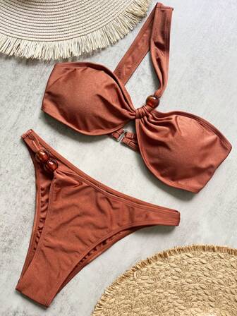 女士夏季海滩纯色吊带比基尼上衣和下装泳衣套装