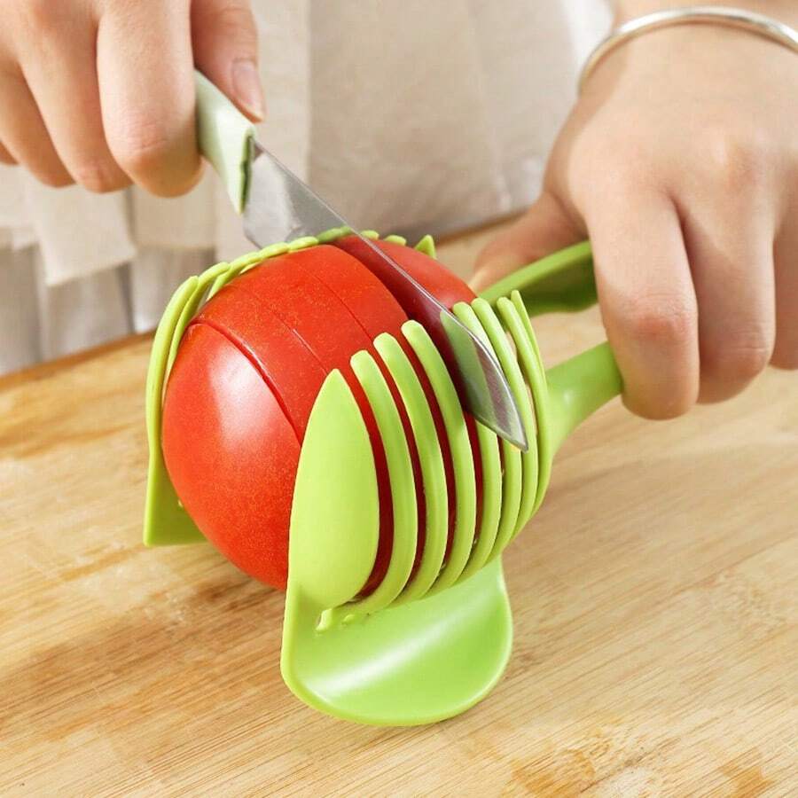1pc Handheld Fruit Slicer, Orange/Tomato/Vegetable Holder, Fruit Meat Slicer, Onion Cutter, Outdoor BBQ Potato Clip, Milk Tea Shop/Home Kitchen Multi-Function Divider, Food Clip, Lemon Slicer, ABS Plastic Lightweight/Thickened Stainless Steel Version - Green - View 1