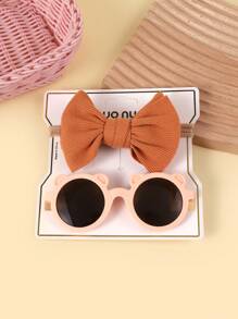女孩头带和太阳镜套装，花卉印花蝴蝶结发饰和防紫外线眼镜 2 件