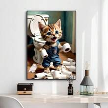 1 件无框圆形钻石画套装，主题为“猫上厕所” - 全钻钻石艺术，帆布 DIY 马赛克工艺套装包括笔、胶水、托盘、钻石珠。适合钻石画爱好者、家居墙面装饰礼物和缓解压力 - 彩色 - 查看 2