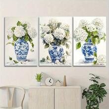 2Dflat, 3pcs, Hydrangea Floral Bouquet Canvas Prints - White Blooms In Blue And White Vases Wall Art, Framed Decor For Living Room And Bedroom, Elegant Light Luxury Artwork For Home And Office. It Is The Perfect Gift For Birthdays, New Year's, Valentine's Day, Mother's Day, Father's Day, Thanksgiving, Independence Day, Teacher Appreciation, Graduation, Carnival, Bachelorette Party, Anniversaries, Weddings, Halloween, Christmas, And Easter. Very Suitable For Room Decoration And Home Decor. Ready-To-Hang. - Multicolor - View 3