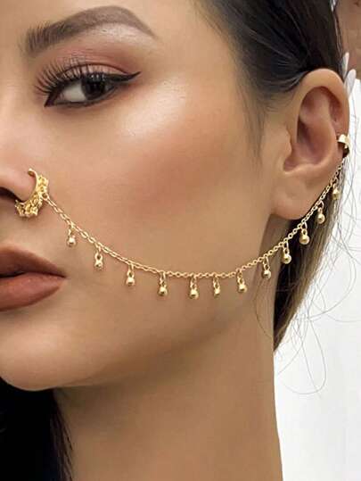 1pc Round Ball Pendant Nose Stud, Sweet Punk Clip-On Nose Ring Earring Retro Style Nose Piercing For Women No-Drill