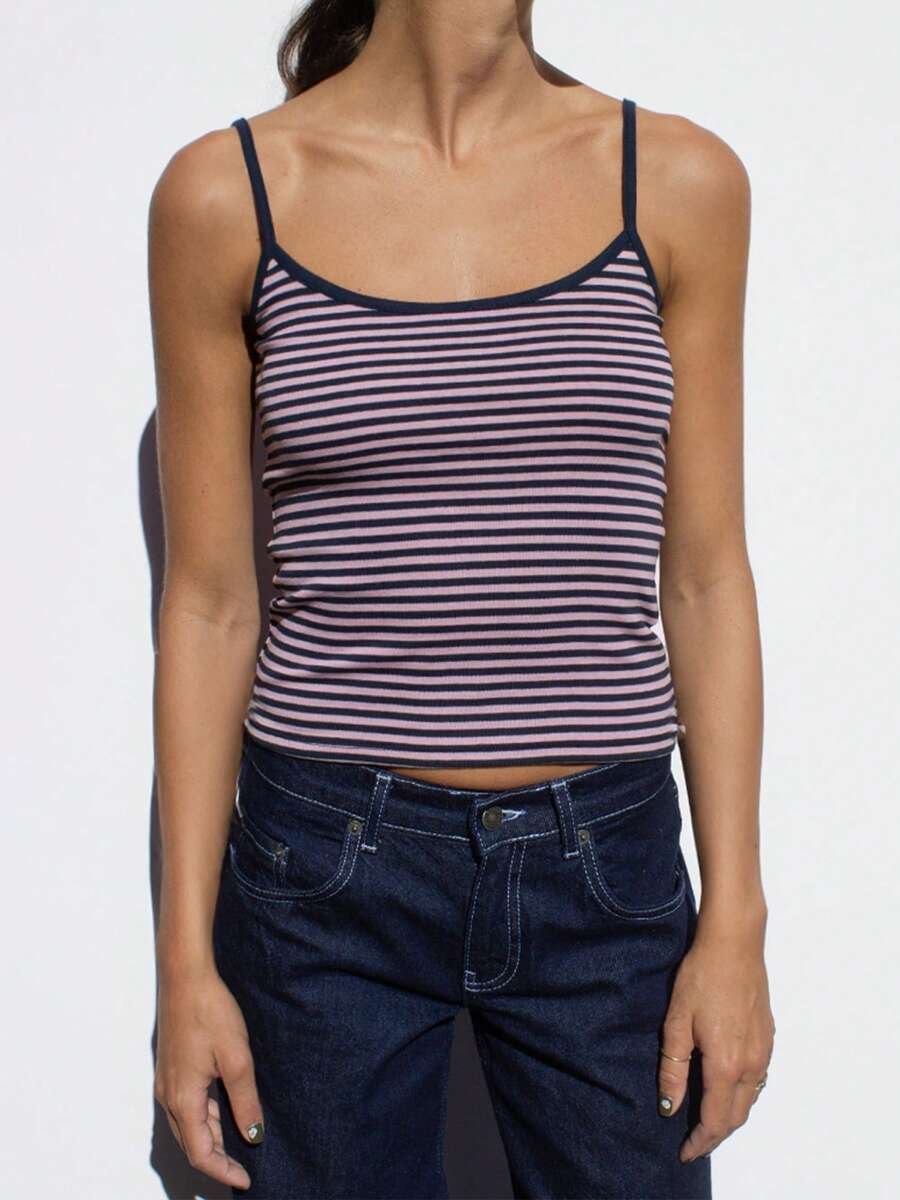 Women Striped Camisole Slim Scoop Neck Spaghetti Strap Backless Crop Tops Summer Streetwear - 粉色 - 查看 1
