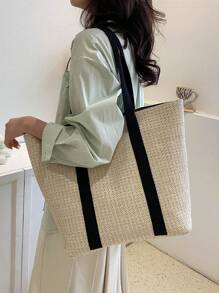 Summer Seaside Beach Vacation Simple Casual Straw Bag,Beige Women Tote Bags,Large Capacity Portable Beach Holiday Bag,Double Handle Tote Bag For Summer Beach Trip Shoulder Bag Handbag Shopping Bag,Women's Stylish Tote Bag For Shopping For Teen Girls Women College Students,White-Collar Workers,Teacher Perfect For School,College,Work ,Business,Commute,Outdoors, Travel, Outings,Holiday,Teachers' Day