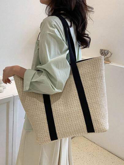 Summer Seaside Beach Vacation Simple Casual Straw Bag,Beige Women Tote Bags,Large Capacity Portable Beach Holiday Bag,Double Handle Tote Bag For Summer Beach Trip Shoulder Bag Handbag Shopping Bag,Women's Stylish Tote Bag For Shopping For Teen Girls Women College Students,White-Collar Workers,Teacher Perfect For School,College,Work ,Business,Commute,Outdoors, Travel, Outings,Holiday,Teachers' Day