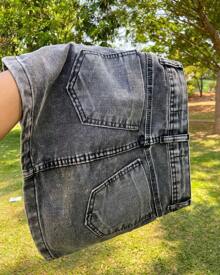 Luxury Factory Frayed High Waist Jean Skirt Dark Blue Jean Skirt With Open Waist And Folded Hem - 石墨灰 - 查看 2