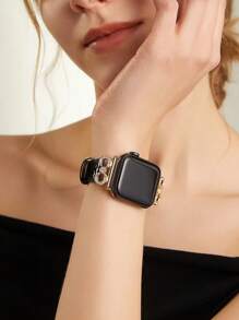 1条兼容苹果手表的表带，女士金色水钻金属闪亮蝴蝶结缝制黑色皮革表带，适用于38/40/41/42/44/45/46/49毫米表盘，兼容苹果手表Ultra2/SE/11/10/9/8/7/6/5/4/3/2/1系列，优雅时尚女士手表配件，智能手表表带，独特个性风格 - 黑色 - 查看 3