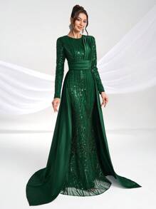 YISIKADO Đầm dạ hội trang trọng dành cho nữ, đầm dài tay sang trọng phối sequin và satin, đầm dự tiệc cưới mùa xuân. - Màu xanh lá cây đậm - Xem 4
