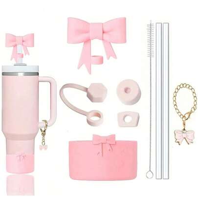 9 件套玻璃杯配件套装包括 3 件硅胶防溢塞、1 件适用于 9-10 毫米吸管的吸管盖、1 件硅胶蝴蝶结套、2 件吸管和 1 件适用于 40 盎司和 30 盎司玻璃杯的吸管刷和蝴蝶结饰链 - 非常适合户外探险、返校用品