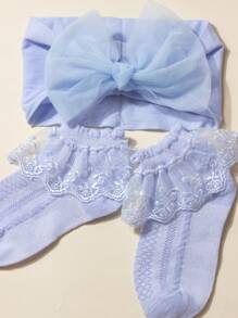 1 PC Kant Strik Baby Hoofdband + 1 Paar Baby Kant Sokken, Voor 1-3 Jaar Oud, Peuter Lente En Zomer Jurk, Strik Hoofdband En Sokken, Zacht En Modieus, Geschikt Voor Foto's En Het Dagelijks Leven, Lente En Zomer Haaraccessoires