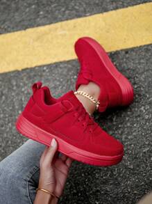 Women's Khaki Retro Fashion Lace-Up Casual Sport Shoes, Lightweight Versatile Comfortable Flat Walking Shoes, Skate Shoes, Running Shoes For Young People - Red - View 3