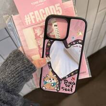 GUCADI 1 st. Zwarte Kat & Ster Decoratieve Spiegel Harde Telefoonhoes met Liefdeskralen Lanyard, Compatibel met 16/15/14/13 Serie, Schattig Cartoon Kattenontwerp, Niche Stijl
