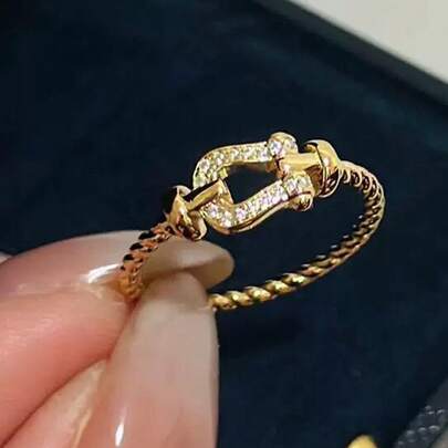 1 pièce Anneau pour dames en argent sterling S925 à design de fer à cheval à corde tressée avec zirconium synthétique orné, bijou bohème à la mode