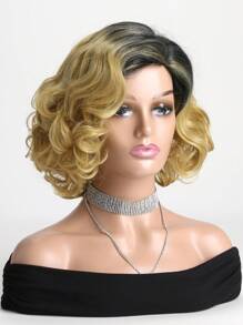 女士时尚短卷发渐变金色 12 英寸合成纤维假发，带刘海，合成假发全头套，适合日常佩戴