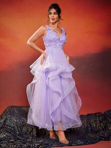 Vestido maxi elegante de unicolor con dobladillo de malla de contraste decorado para mujeres - Morado - Ver 3