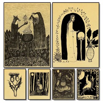 1 pieza /Set de 3 Pósteres de arte de pared con opción de marco, impresión vintage abstracta de bruja, arte de pared de bosque de brujería, pintura decorativa para dormitorio y hogar