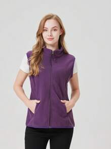1pc Women Sleeveless Outdoor Vest Jacket, Spring Sporty Tank Top With Hidden Zipper Pocket, Slim Fit Design, Purple Color - Purple - View 8