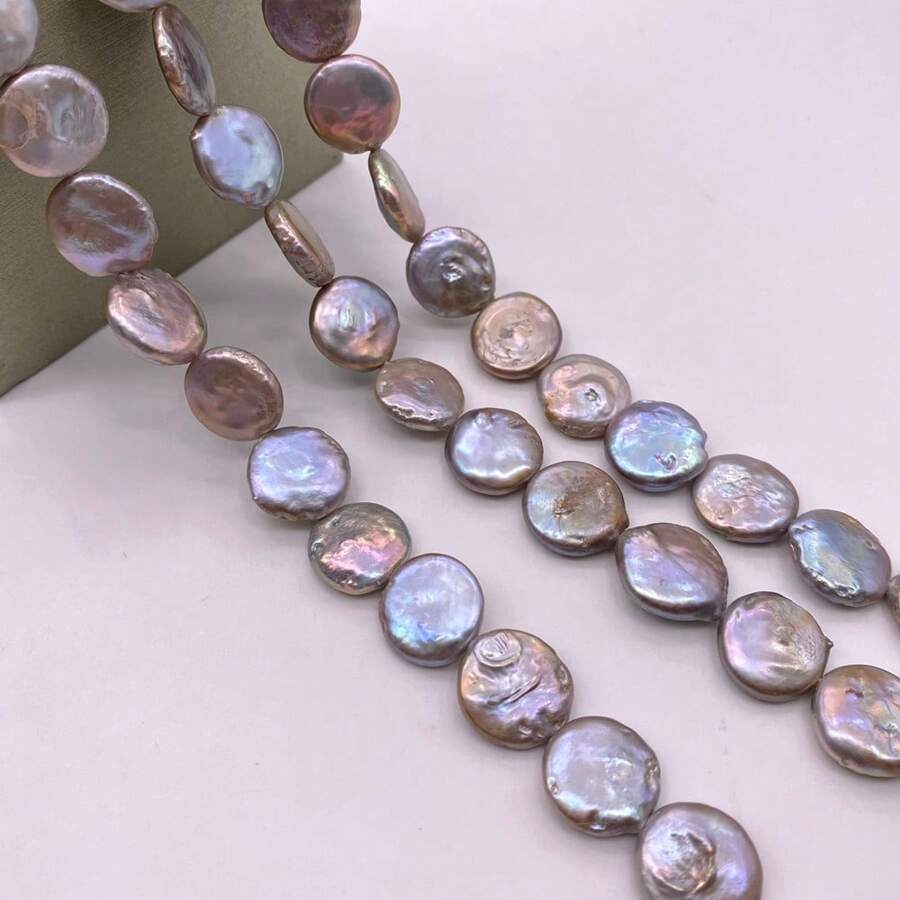 1pc 14mm Near-Round Gray-Yellow Freshwater Pearl, DIY Material, Length: 40cm/15.75inch, Hole Dia: 0.9mm
