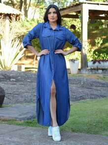 Long Monochrome Long Sleeve Denim Shirt - 藍色 - 查看 3