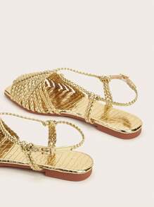 Gold PU Leather Handwoven Strap & Stone Textured Material Platform Flat Sandals For Women, Vacation Style - Gold - View 5