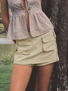 Women Summer Mini Denim Skirt Casual Solid Color Elastic Drawstring Jeans Skirt - Apricot - View 1