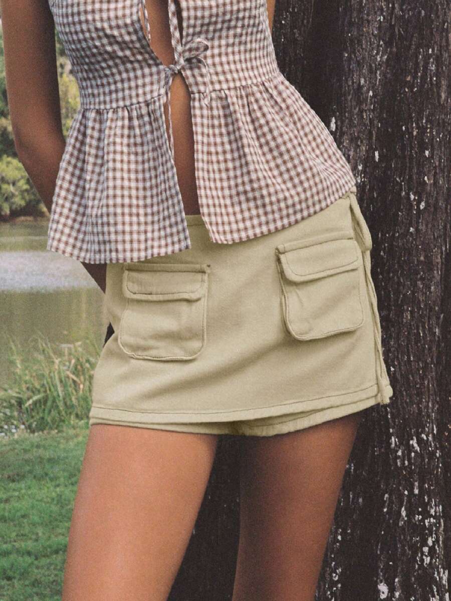 Women Summer Mini Denim Skirt Casual Solid Color Elastic Drawstring Jeans Skirt - Apricot - View 1