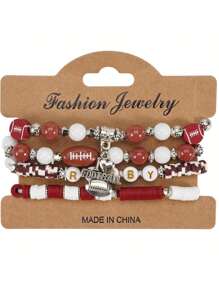 4Pcs/Set Bohemian Sports-Themed Polymer Clay Bracelet Featuring Elements Of Rugby Basketball Soccer Baseball And Volleyball For Women's And Men's Daily Wear Holiday