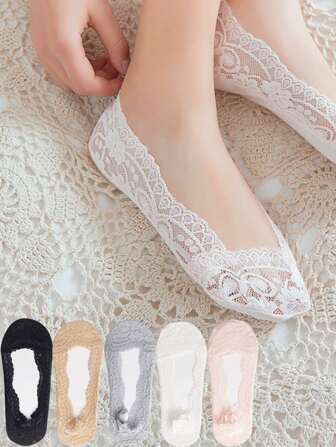 5 Pairs Of Fashionable Deep Boat Socks Water Drop Flower Lace Non-Slip Invisible Socks Anti-Falling Heel Lightweight Socks Invisible Heel Boat Socks Flower Sole Printing Korean Ins