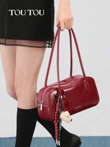 TOUTOU Fashion Creative Contrast Color Cherry Metallic Chain Decor Bowling Bag, Lightweight Sports Leisure Large Capacity Tote Bag, Multipurpose Versatile Shoulder & Underarm Bag Suitable For Commuting And Travel 4961
