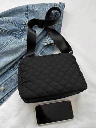 1 件纯色涤纶菱形图案设计女士斜挎单肩包，适合上班通勤、购物、休闲、正式、派对、度假、时尚百搭且宽敞