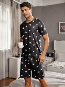 Men's Sleepwear Set, Heart Print Design, Pink - Black - View 4