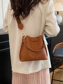 New Fashionable Niche Stylish Casual Versatile Bucket Bag, Retro Classic High-End Quality Wide Strap Women Shoulder Crossbody Handbag, Suitable For Work, Dating, Shopping, Daily Use - Brown - View 4