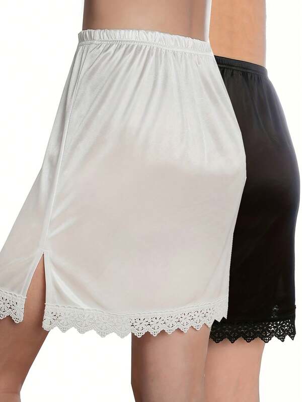 Elegant Lace Trim Solid Skirt, Side Split Half Slips Petticoat, Women's Underwear & Shapewear