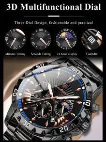 POEDAGAR Fashionable Stainless Steel Quartz Watch For Men, With Calendar Function, 30M Water Resistant, Chronograph Sub-Dial, Suitable For Birthday/Holiday Gift And Casual Daily Wear - Blue - View 4